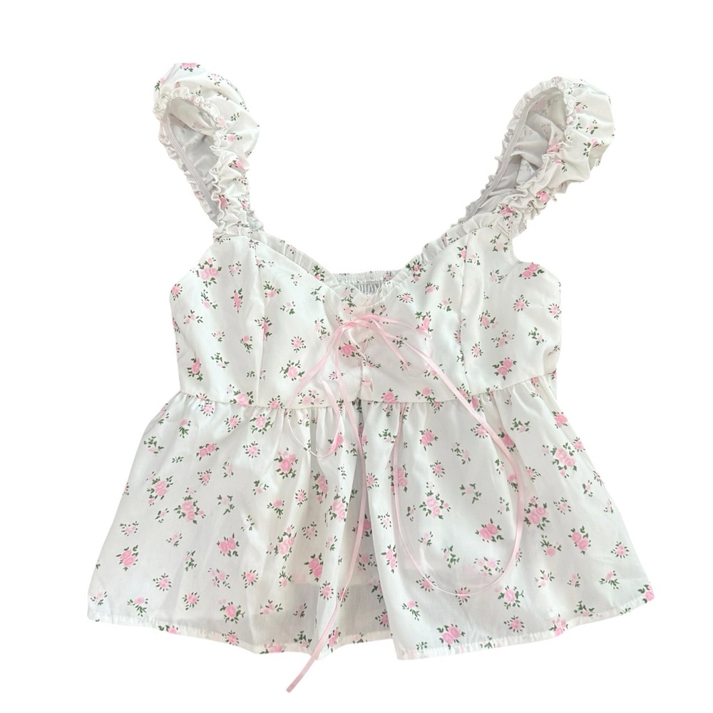 NWOT Ruffled Floral Tie-Front Camisole Top - White & Pink Juniors S